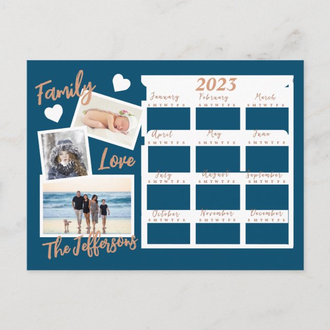 Cartão Postal Calendário de Ano Novo Azul e Dourado Moderno (Frente)