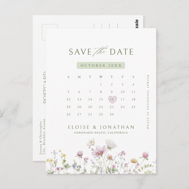 Cartão Postal Calendário de Flores Silvestres em Pastel Suave -  (Frente/Verso)