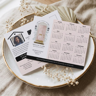 Cartão Postal Calendário de Imóveis de Porta com Aquarela Rosa 2