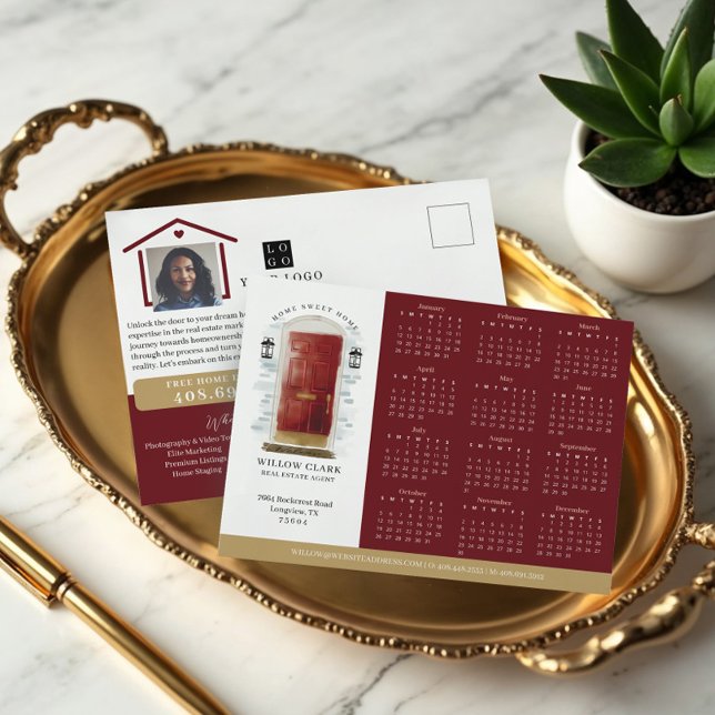 Cartão Postal Calendário de Imóveis de Porta de Água Vermelha 20 (Red Watercolor Door Real Estate Calendar 2025 Postcard)