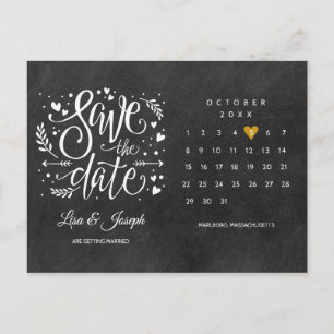 Cartão Postal Calendário de Salvar a Data Gold Love Heart Quadro