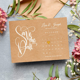 Cartão Postal Calendário de Salve a Data Coração Dourado Kraft R