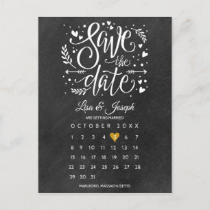 Cartão Postal Calendário de Salve a Data Coração Dourado Lousa