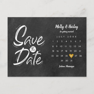 Cartão Postal Calendário de Salve a Data Coração Dourado Lousa
