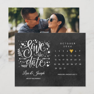 Cartão Postal Calendário de Salve a Data Coração Dourado Quadro