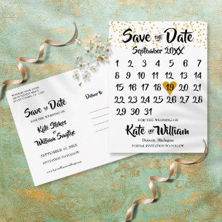 Cartão Postal Calendário do Coração de Amor Dourado Salve a Data
