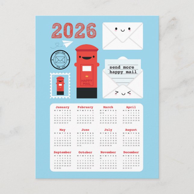 Cartão Postal Calendário do Kawaii Happy Mail 2026 (Frente)