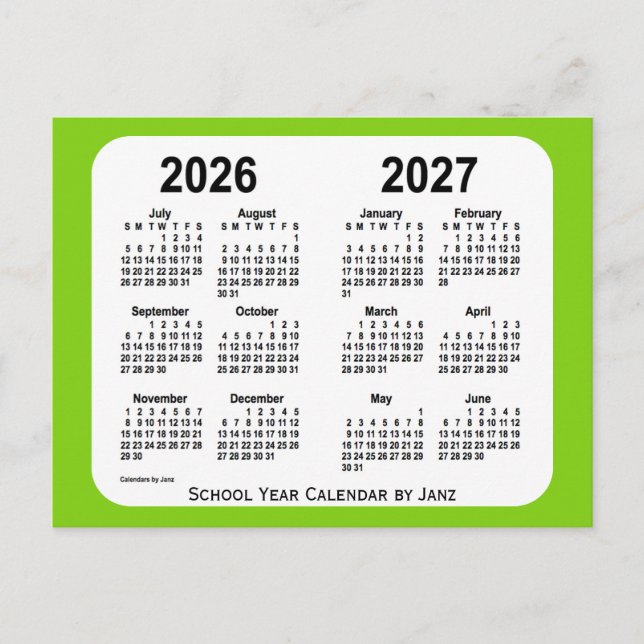 Cartão Postal Calendário Escolar Amarelo Verde 2026-2027 por Jan (Frente)