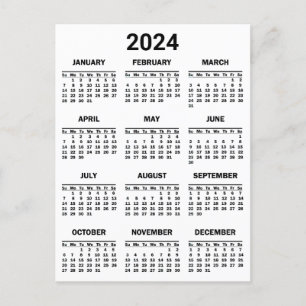 Cartão Postal Calendário geral de 2024 anos preto e branco simpl