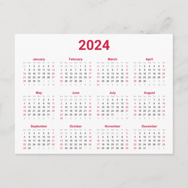 Cartão Postal Calendário geral do Red and Black 2024 Year (Frente)