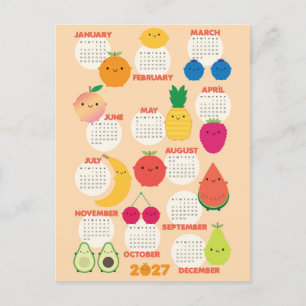 Cartão Postal Calendário Kawaii de Frutas 5 Por Dia 2027