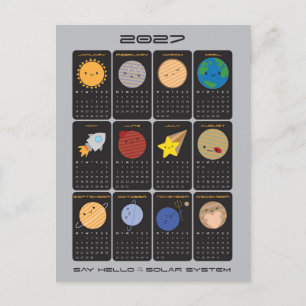 Cartão Postal Calendário Kawaii Sistema Solar 2027