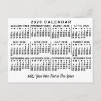 Calendário Mensal Anual 2026 Clássico Preto e Bran