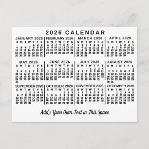 Cartão Postal Calendário Mensal Anual 2026 Clássico Preto e Bran