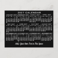 Calendário Mensal Anual 2027 Clássico Preto e Bran