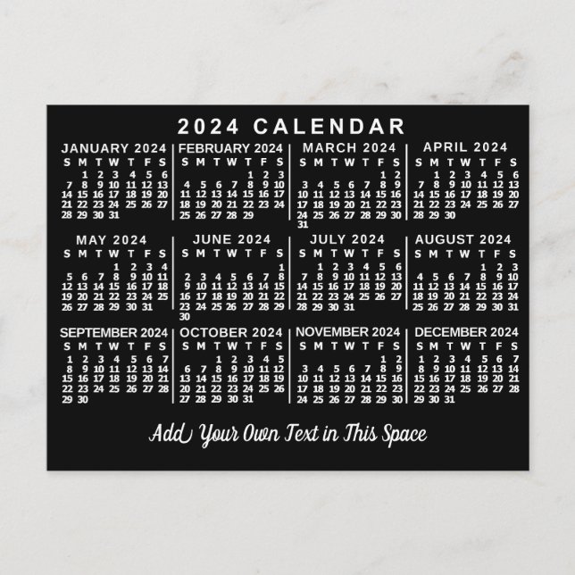 Cartão Postal Calendário Mensal de 2024 Ano Clássico Preto e Bra (Frente)