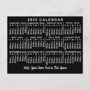 Cartão Postal Calendário Mensal do Ano 2025 Clássico Preto e Bra