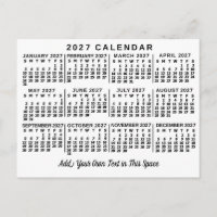 Calendário Mensal do Ano 2027 Clássico Branco e Pr