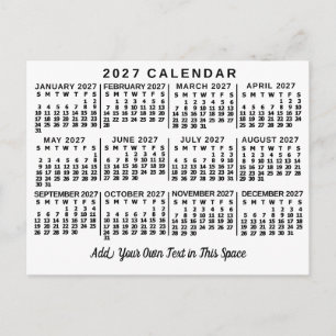 Cartão Postal Calendário Mensal do Ano 2027 Clássico Branco e Pr