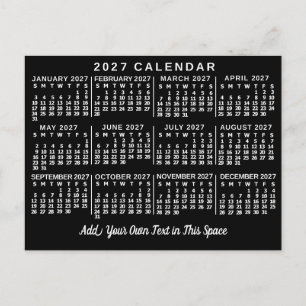 Cartão Postal Calendário Mensal do Ano 2027 Clássico Preto e Bra