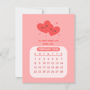 Cartão Postal Calendário Mensal Kawaii Motivacional de Fevereiro