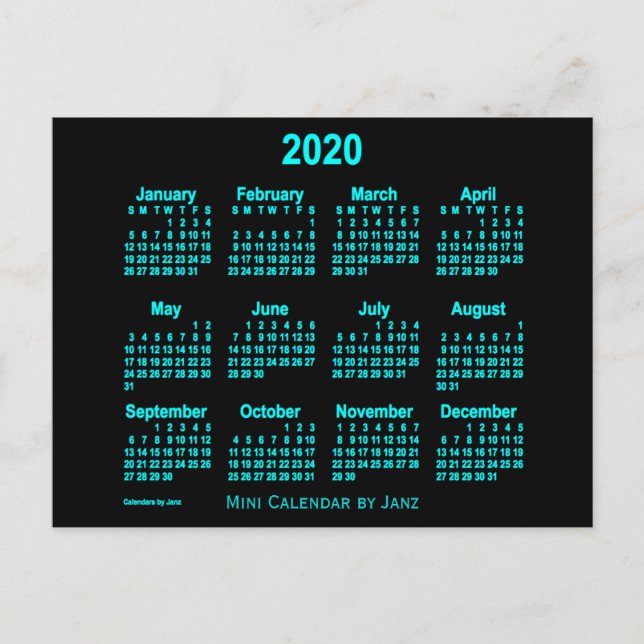 Cartão Postal Calendário Mini 2020 Neon Azul por Janz (Frente)