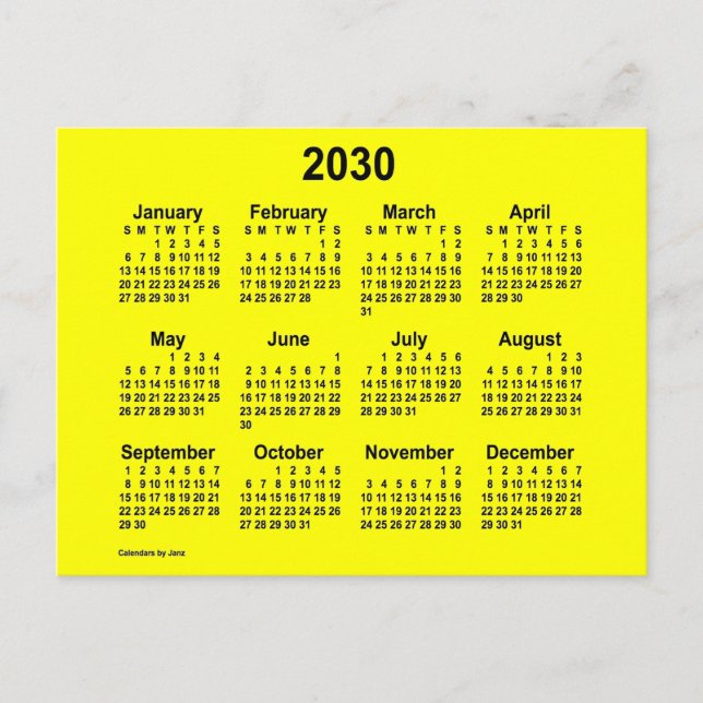 Cartão Postal Calendário Mini Amarelo 2030 por Janz (Frente)