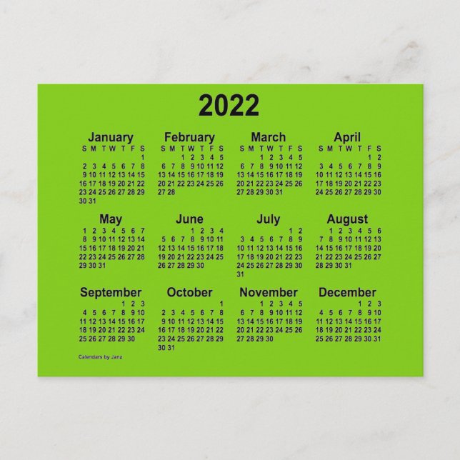 Cartão Postal Calendário Mini Amarelo Verde 2022 por Janz (Frente)