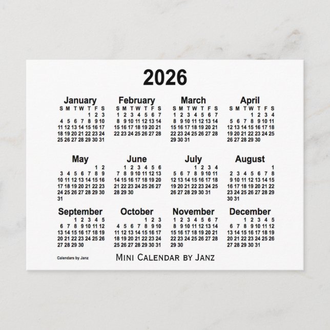 Cartão Postal Calendário Mini Branco 2026 por Janz (Frente)