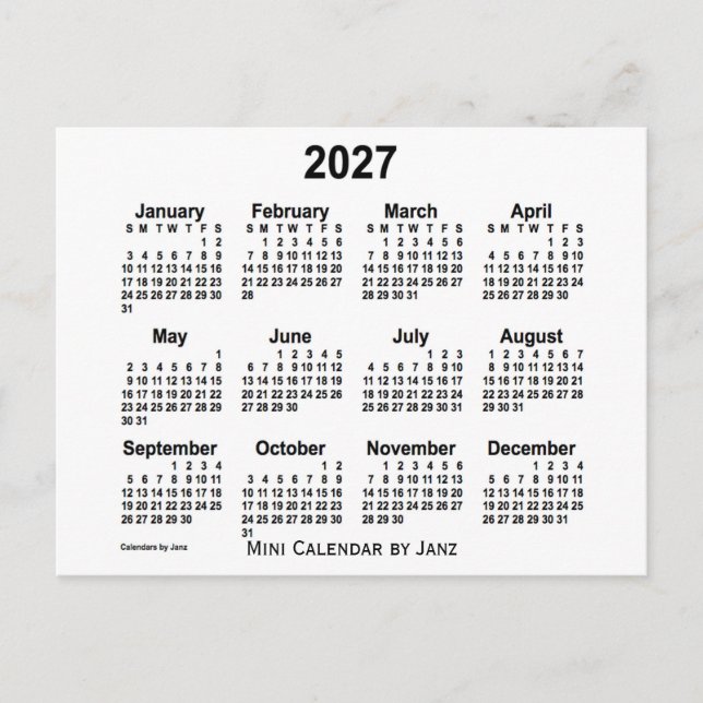Cartão Postal Calendário Mini Branco 2027 por Janz (Frente)