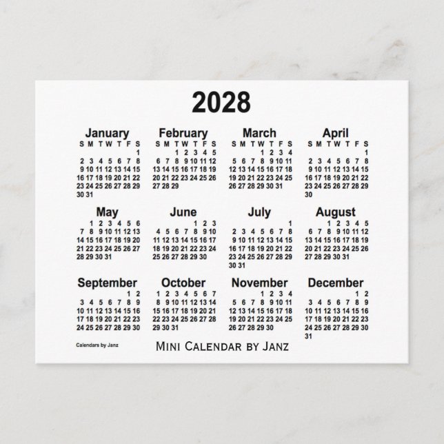 Cartão Postal Calendário Mini Branco 2028 por Janz (Frente)
