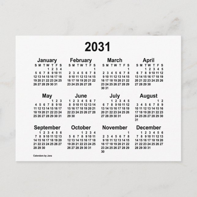 Cartão Postal Calendário Mini Branco 2031 por Janz (Frente)