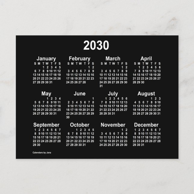Cartão Postal Calendário Mini Branco Neon 2030 por Janz (Frente)
