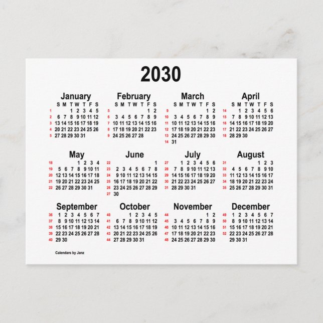 Cartão Postal Calendário Mini de 52 Semanas Branco 2030 por Janz (Frente)