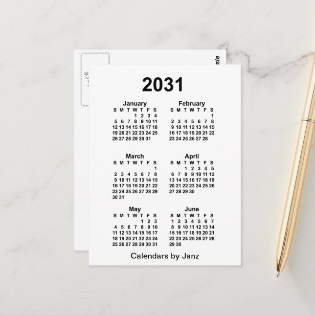 Cartão Postal Calendário Mini de 6 Meses Branco 2031 por Janz (Frente/Verso In Situ)