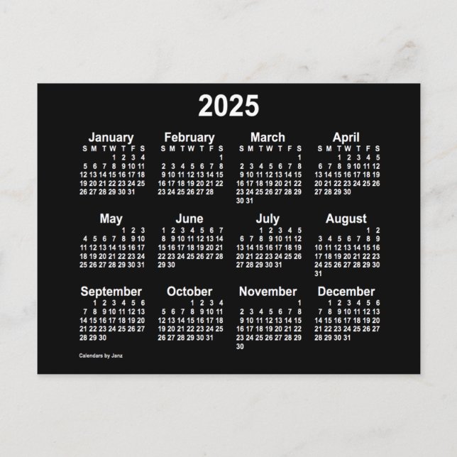 Cartão Postal Calendário Mini Neon Branco 2025 por Janz (Frente)