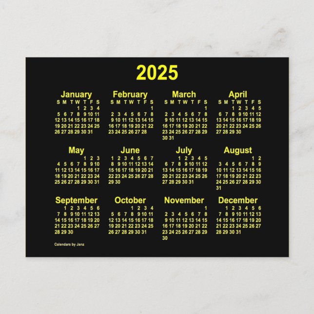Cartão Postal Calendário Miniatura Amarelo Neon 2025 por Janz (Frente)