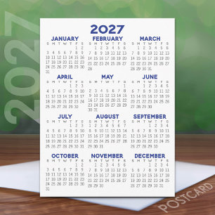 Cartão Postal Calendário Mínimo de 2027 - Vista Anual Cinza Azul