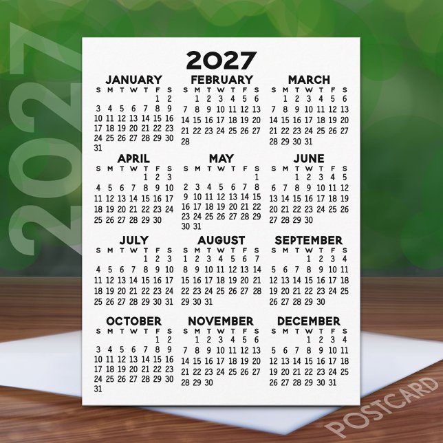 Cartão Postal Calendário Mínimo de 2027 - Vista Anual Preto e Br (2027 Calendar on a Postcard)
