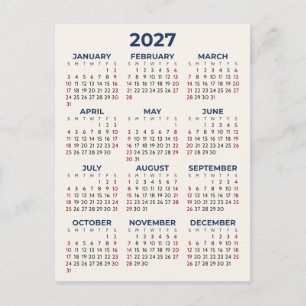 Cartão Postal Calendário Mínimo Simples 2027 Suas Cores