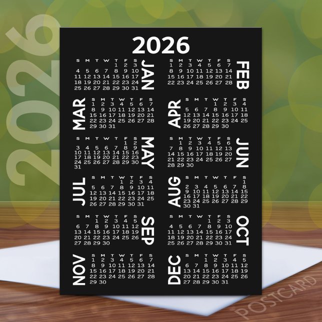 Cartão Postal Calendário - nomes de deslocamento preto e branco (2026 Calendar Postcard)