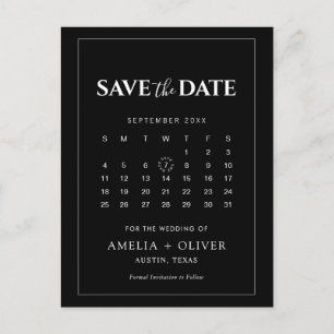 Cartão Postal Calendário Preto Minimalista Moderno Salvar a Data