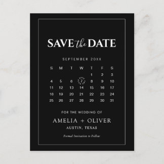Cartão Postal Calendário Preto Minimalista Moderno Salvar a Data