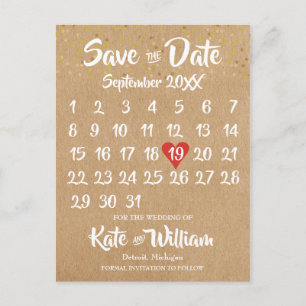 Cartão Postal Calendário Rustic Kraft Red Heart Salvar a Data