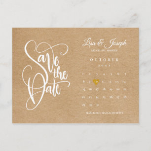 Cartão Postal Calendário Salve a Data Coração Dourado Kraft Rúst