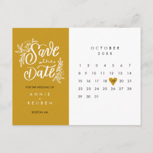 Cartão Postal Calendário Salve a Data Dourado Coração Amor