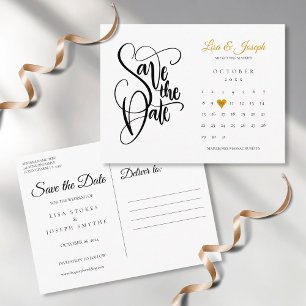 Cartão Postal Calendário Script Coração de Ouro Salvar a Data Ca