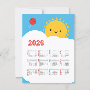 Cartão Postal Calendário Sun 2026 Feliz de Kawaii