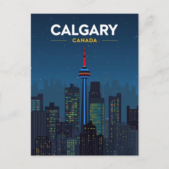 Cartão Postal Calgary Tower Skyline Retro Night (Frente)