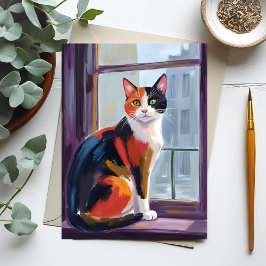 Cartão Postal Calico Cat | Watercolor Windowsill Pet